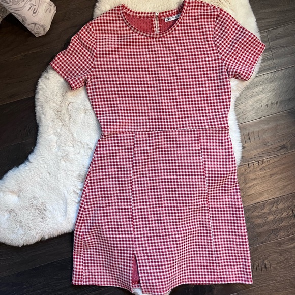 Zara Red Gingham Mini Dress Size Large - Picture 2 of 10